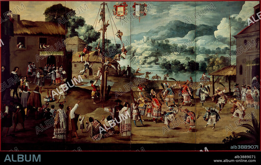 UNKNOWN. Folding Screen with Indian Wedding and Flying Pole (Biombo con desposorio indígena y palo volador). Date/Period: Ca. 1690. Painting. Oil on canvas. Height: 1,676.40 mm (66 in); Width: 3,048 mm (10 ft).