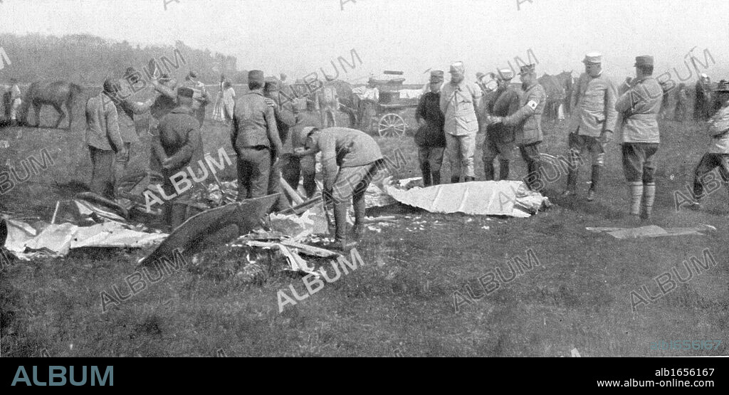 French Air ace Adolphe Pegoud. Wreckage of plane in which Pegoud was killed in action, 1915. First World War.