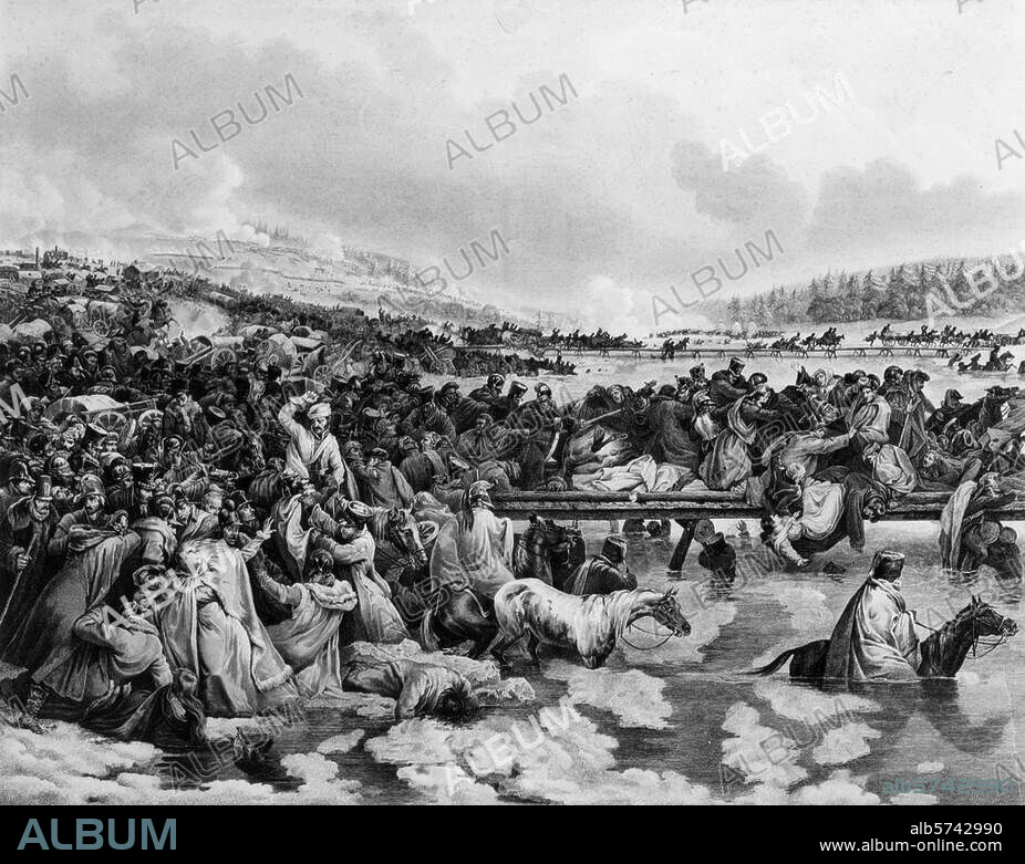 Napoleonic Wars / Russian Campaign /. 1812 / Crossing the Beresina / 26-28 November 1812 (Retreat of the Grande Armée from Russia). "PASSAGE DE LA BÉRÉSINA". Copper engraving by Victor Adam (1789-1870) based on painting by Charles Langlois (1789-1870), 78 × 83.5 cm. MM 58-3-59, Rueil-Malmaison, Musée du Château.