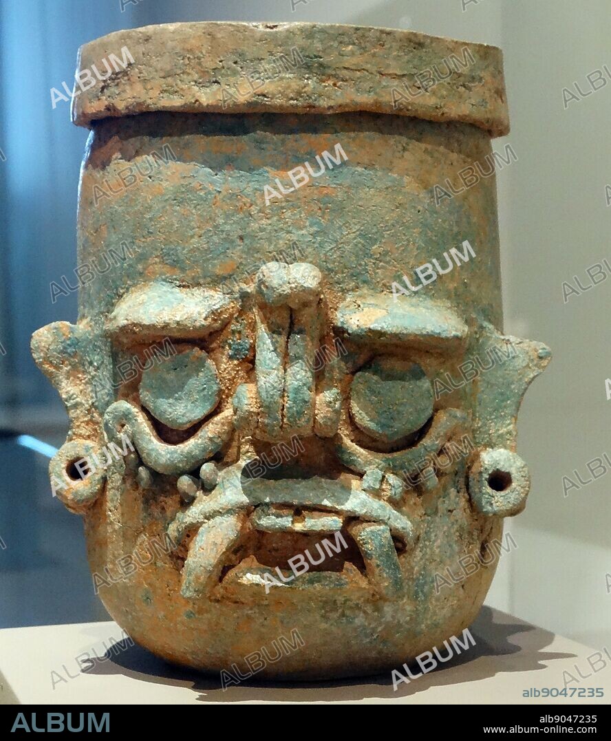 Ceramic vase depicting the Mayan rain deity, Chaac, Yucatan, Mexico. Dated 1250-1550 AD.
