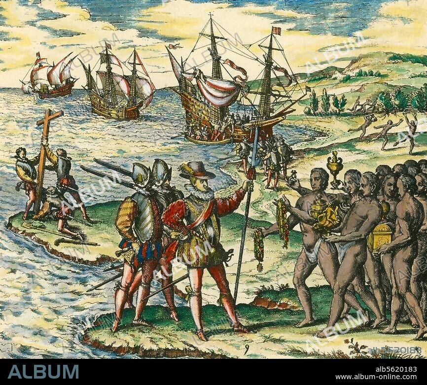 Kolumbus, Christoph; Seefahrer, Entdecker Amerikas; 1451-1506. Erste Landung des Kolumbus (Guanahani, 12. Oktober 1492). Kupferstich von Theodor de Bry (1528-1598). Aus: H.Benzoni, Historien. In:. America pars quarta, Frankfurt a. M. 1594. (4. Buch des de Bry'schen Reisewerks), Tafel 9.