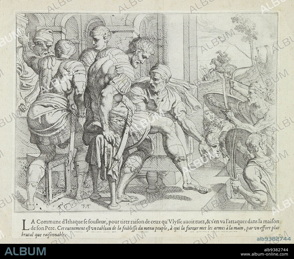 Laërtes' house attacked, Les Travaux d'Ulysse (series title), The works of Odysseus (series title), The relatives of the deceased suitors want revenge and storm Laërtes' house. Laërtes, Odysseus, and the other men in the house arm themselves to do battle. The print is part of an album., print maker: Theodoor van Thulden (mentioned on object), intermediary draughtsman: Theodoor van Thulden, Paris, 1633, paper, etching, engraving, letterpress printing, height 214 mm × width 251 mm.