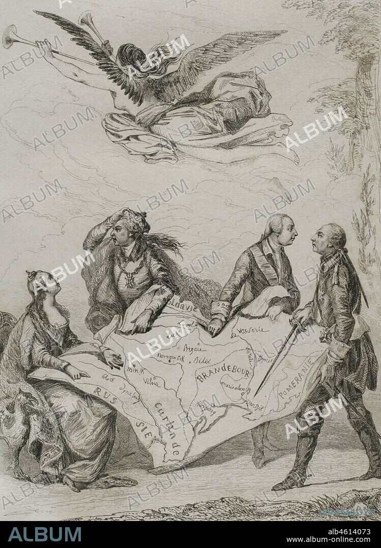 Primera partición de Polonia (o de la República de las Dos Naciones) en 1772. La primera de las tres reparticiones. Llevada a cabo por el Imperio Ruso (Catalina II la Grande), Prusia (Federico II el Grande) e Imperio de los Habsburgo (José II). Epoca del reinado del rey polaco Estanislao Augusto Poniatowski. "Le Gateau des Rois". Cuadro alegórico de Jean-Michel Moreau. Grabado por Lemaitre, Vernier y Chaillot. Historia de Polonia, por Charles Foster. Panorama Universal, edición española de 1840.