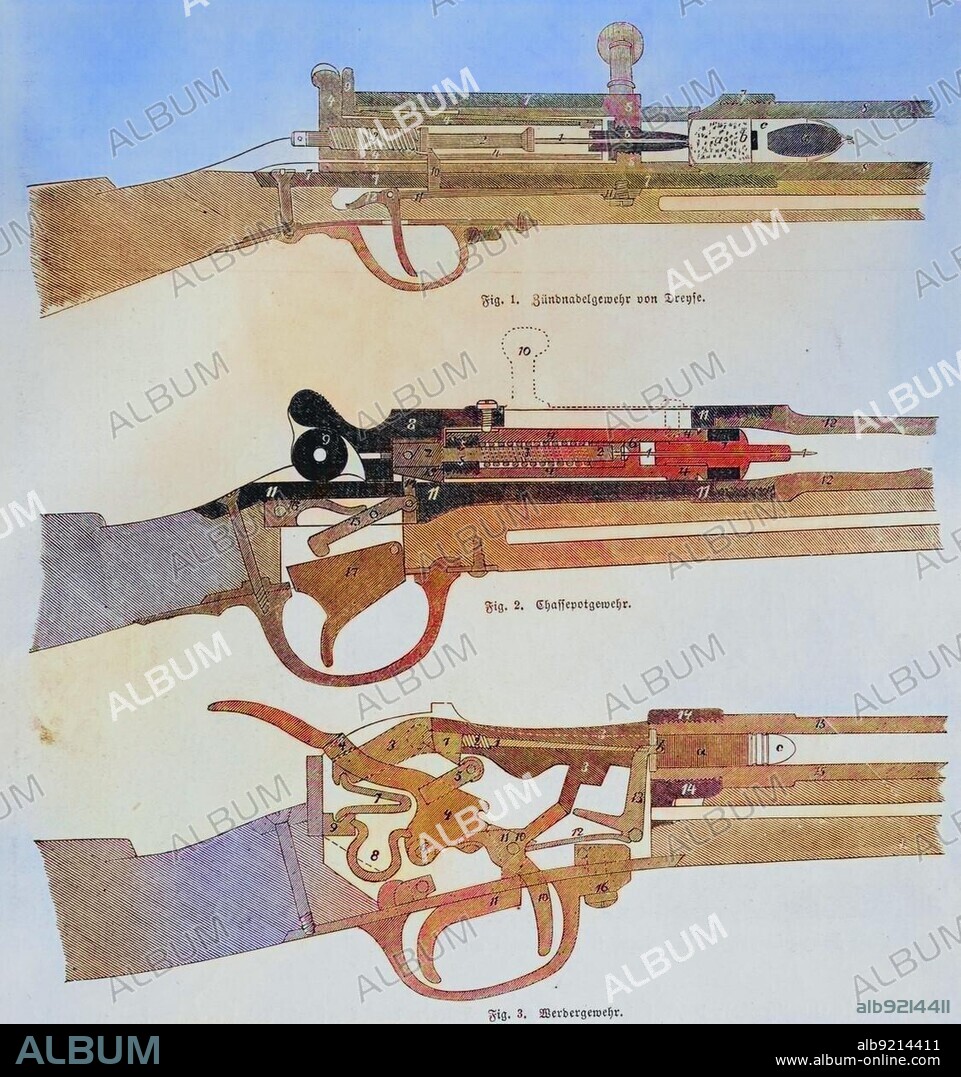 Dreyse needle-gun, Chassepot or fusil modele 1866 and a Werder rifle, illustrated war history, German, French war 1870-1871, Germany, France, Gewhre 1870, von oben Zündnadelgewehr, Chassepotgewehr, Werdergewehr, illustrated war chronicle 1870, 1871, German, French campaign, Germany, France, Rifles 1870, Europe.