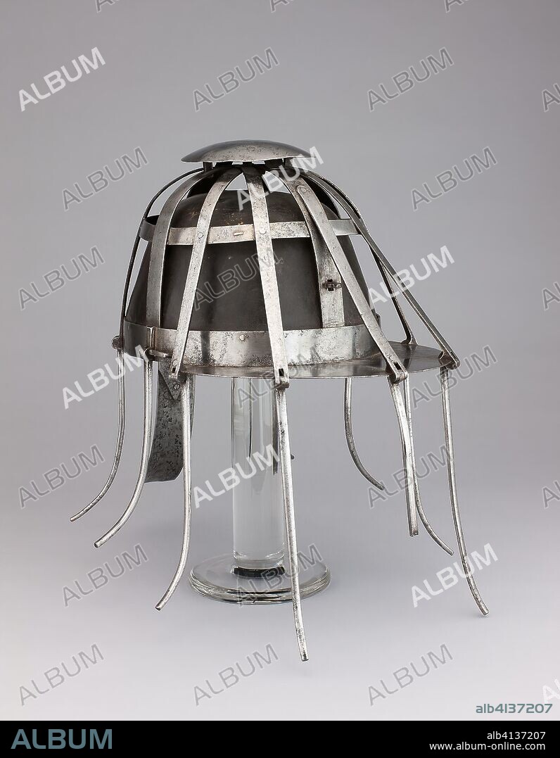 Spider Helmet. English or French. Date: 1640-1710. Dimensions: 30.2 × 21.3 × 17.7 cm (11 7/8 × 8 3/8 × 7 in.). Steel, iron, and paint. Origin: England.