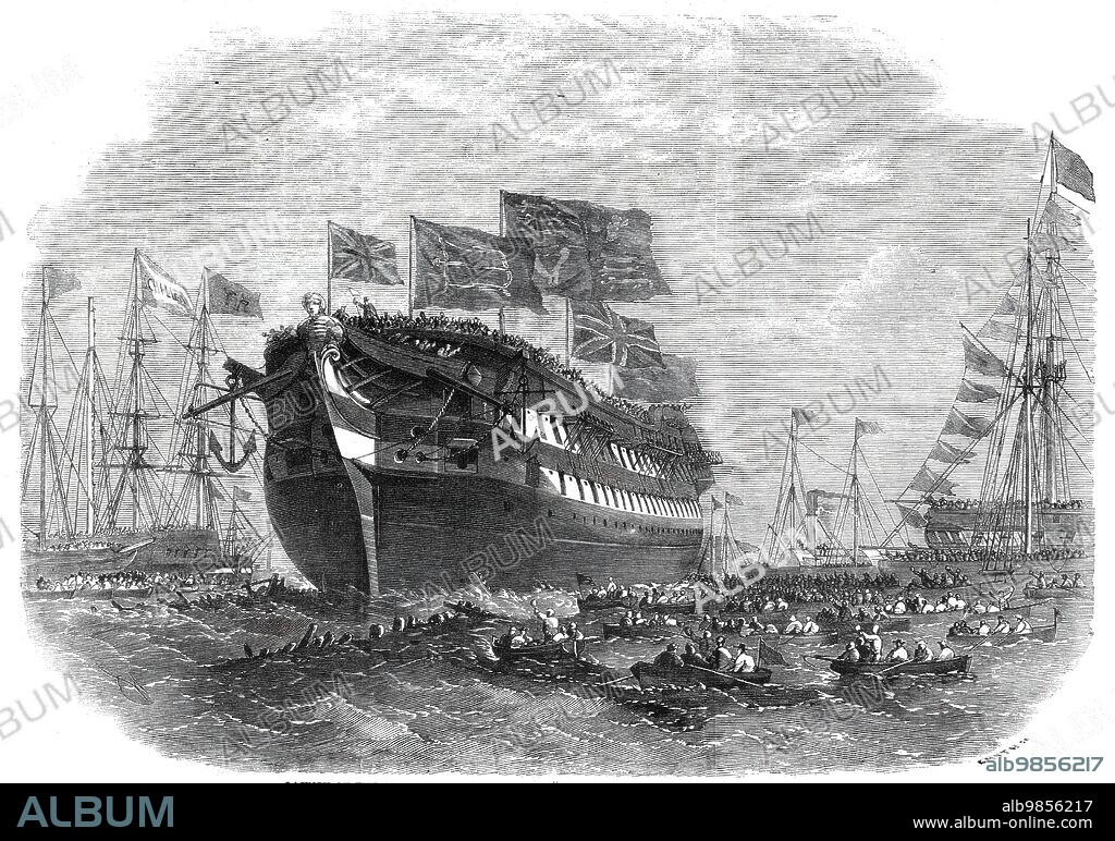SMYTH. Launch of the screw line-of-battle ship "Anson" at Woolwich, 1860. Royal Navy ship launched '...in the presence of at least 5000 spectators...The band of the Woolwich division of Royal Marine Light Infantry was stationed in an orchestra near the stern of the ship ; and not the least imposing part of the scene was the Fisgard flag-ship, the Hebe, Salsette, and other vessels in harbour with crowded decks, and covered with bunting from fore to aft...The armament, to be furnished from the Royal Arsenal, will consist of ninety-one guns...Her machinery [800 horse-power engines] has been manufactured by Maudslay and Co'. From "Illustrated London News", 1860.