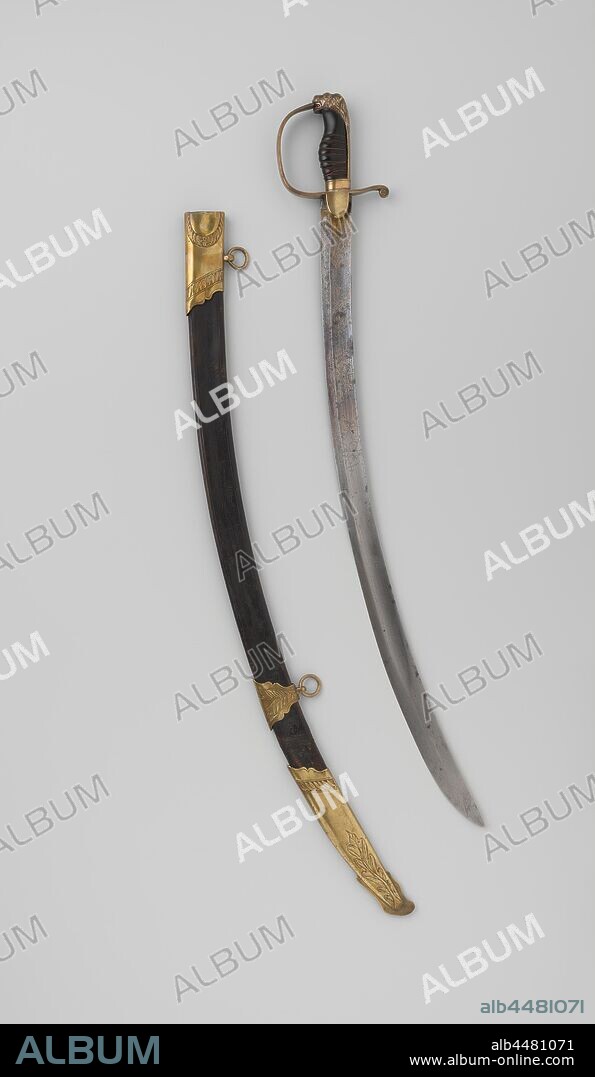 Saber with scabbard, Saber with hilt with lion's head and black wooden handle. With black leather sheath with copper fittings and two copper rings., anonymous, c. 1700 - c. 1900, iron (metal), copper (metal), wood (plant material), leather, l 82 cm w 13 cm × h 3 cm w 4.5 cm.
