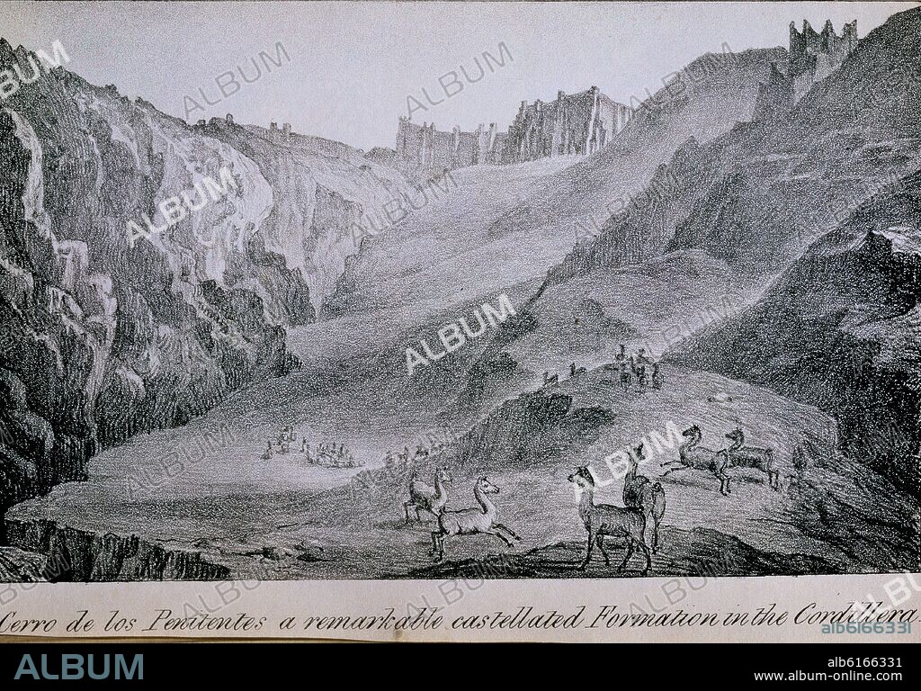 JOHN MIERS (1789-1879). VIAJES POR CHILE Y LA PLATA - CERRO DE LOS PENITENTES - REBAÑO DE LLAMAS PASTANDO EN LA CORDILLERA DE LOS ANDES - GRABADO SIGLO XIX.