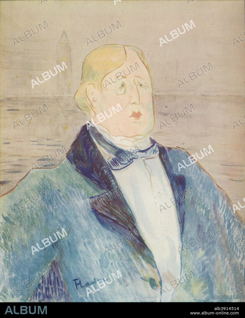 'Portrait of Oscar Wilde', 1895. Wilde (1854-1900) was an exponent of art for art's sake. His best known novel is The Picture of Dorian Gray. He wrote a book of children's stories, The House of Pomegranates, and a series of plays including Lady Windermere's Fan, A Woman of No Importance, and The Importance of Being Ernest, which was believed by many to be the first modern comedy in English. Wilde was convicted of sodomy over his relationship with Lord Alfred Douglas in a notorious trial, and was jailed at Reading from 1895-1897. This portrait was created the night before his trial after a meeting with his friend Lautrec. After his release he moved to Paris and wrote The Ballad of Reading Gaol, protesting at the inhumane conditions in prisons at the time. He died suddenly in 1900 from meningitis. From The Studio Volume 99. [London Offices of the Studio, London, 1930].