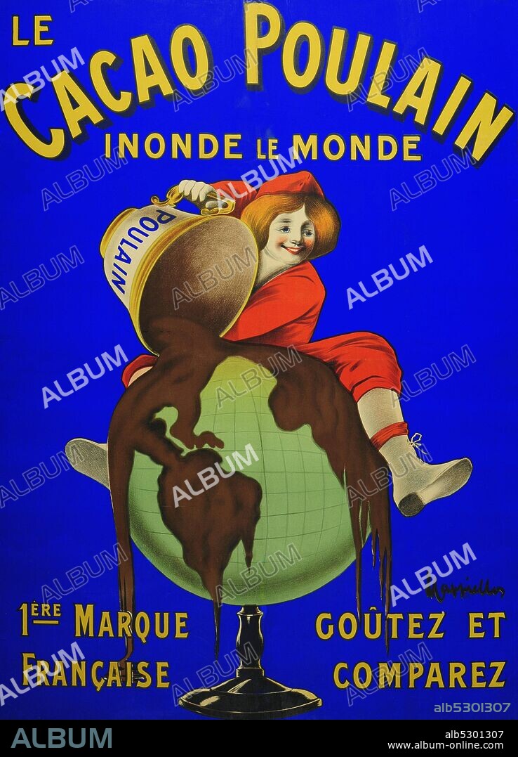 French 1 Panel, Le Cacao Poulain Inonde le Monde, 1ere Marque Francaise, Goutez.  French advertising poster for cacao Poulain where the chocolate drink is poured all over the world..