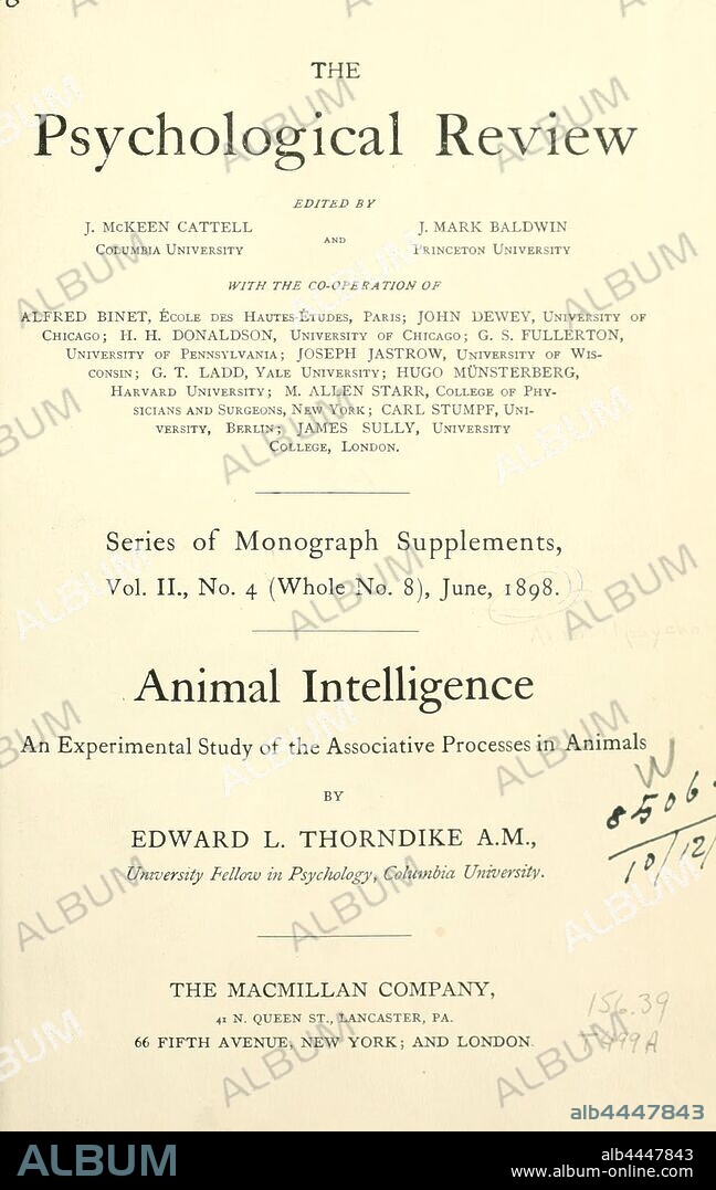 Animal intelligence : an experimental study of the associative processes in animals : Thorndike, Edward L. (Edward Lee), 1874-1949.