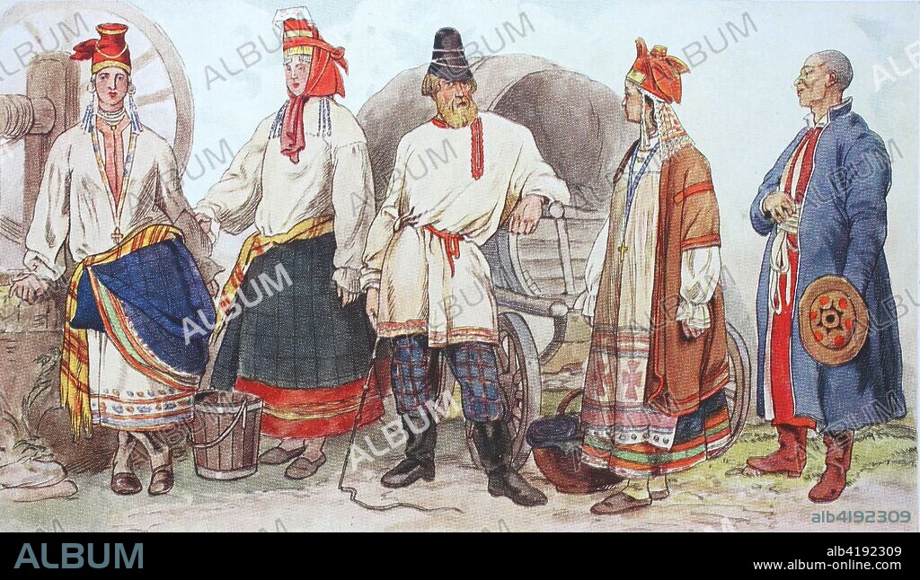 Fashion, clothes, folk costumes in Russia, 19th century, from the left, a peasant woman from the area of Tula, a peasant woman from the area of Moscow, a Greater Russian cargo driver, a peasant woman from Serkonkoff and a merchant from the Kalmyk tribe, digital improved reproduction from an original from the year 1900.