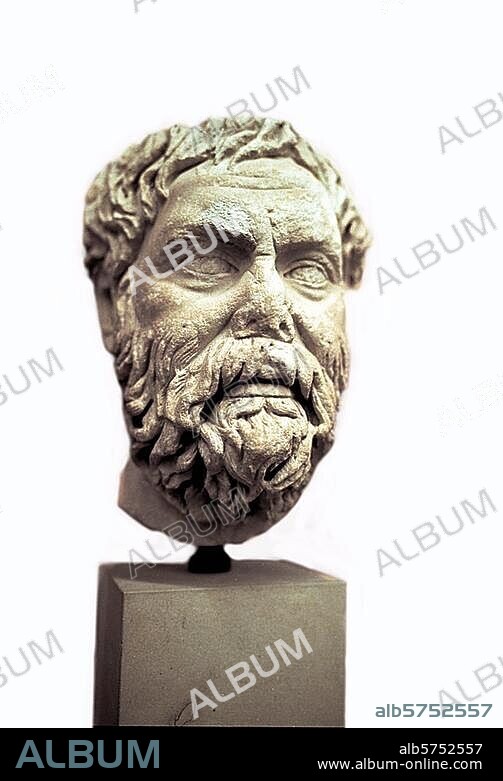 Pyrrhon of Elis; Greek philosoher. (founded the School of Skeptics). Elis c. 360 - c. 270 BC. - Portrait head - Sculpture, Greek. Found in Corfu. Corfu, Archaeological Museum.