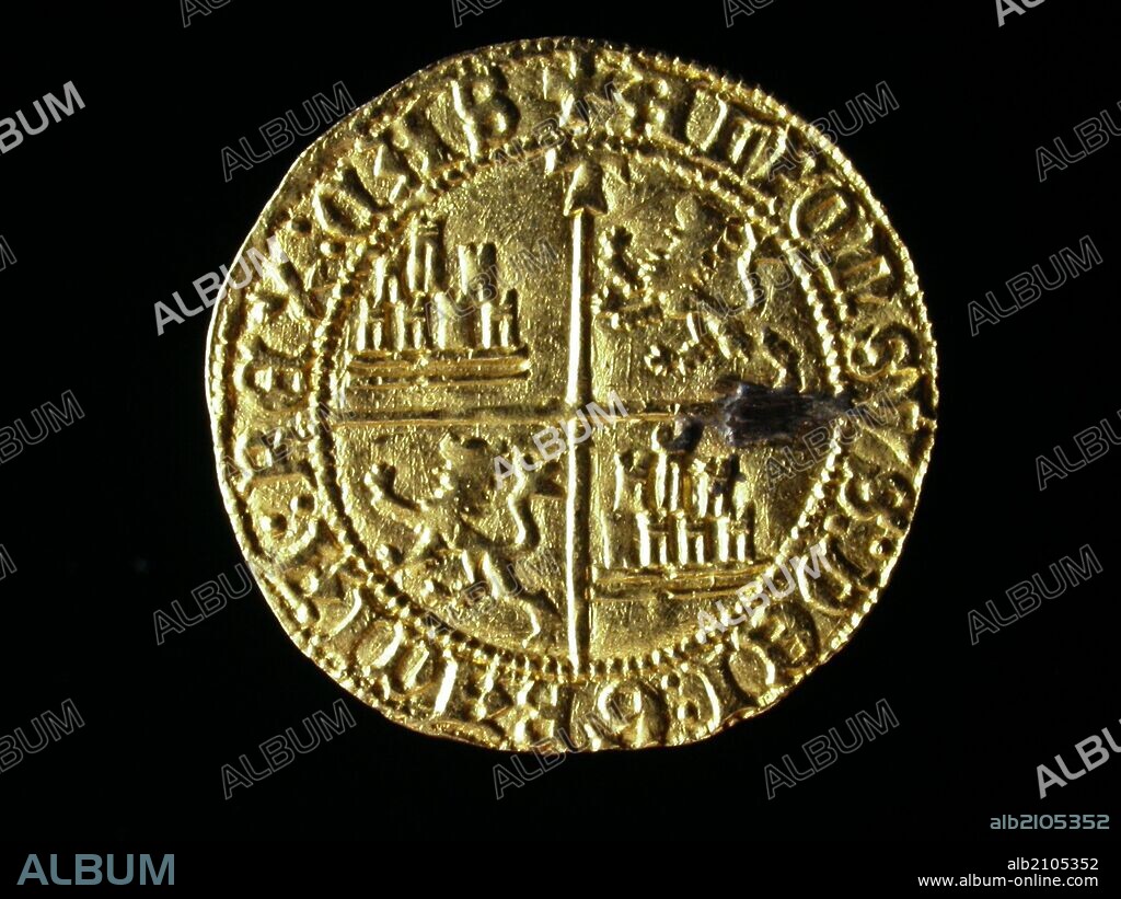 NUMISMATICA. MONEDA MEDIEVAL CRISTIANA. ORO, DE ALFONSO DE AVILA. REVERSO. ESCUDO CUARTELADO DE CASTILLOS Y LEONES. 1468. (DEPOSITO: MUSEO ARQUEOLOGICO NACIONAL).