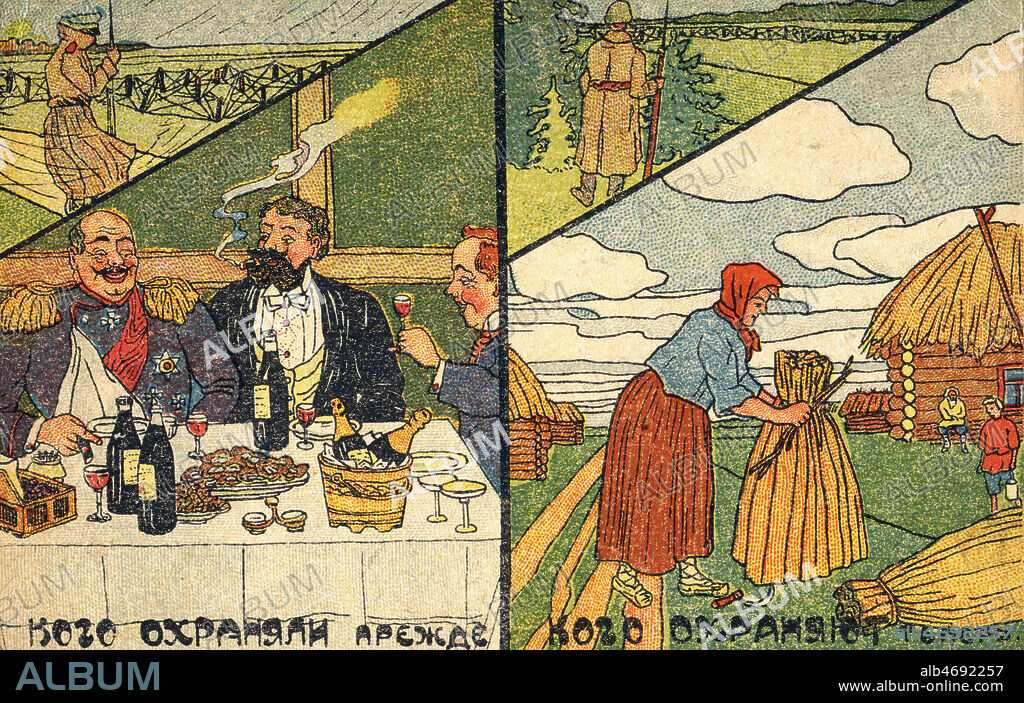 'Ceux qu'on protegeait autrefois (les bourgeois, les generaux) - Ceux qu'on protege maintenant (les paysans)'. Carte postale russe vers 1920. Credit : IM/KHARBINE-TAPABOR.