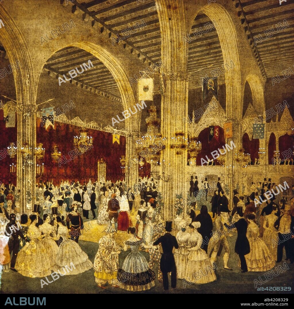 Onofre Alsamora / 'Baile en el edificio de la lonja de Barcelona, año 1826', Litografía, siglo XIX.