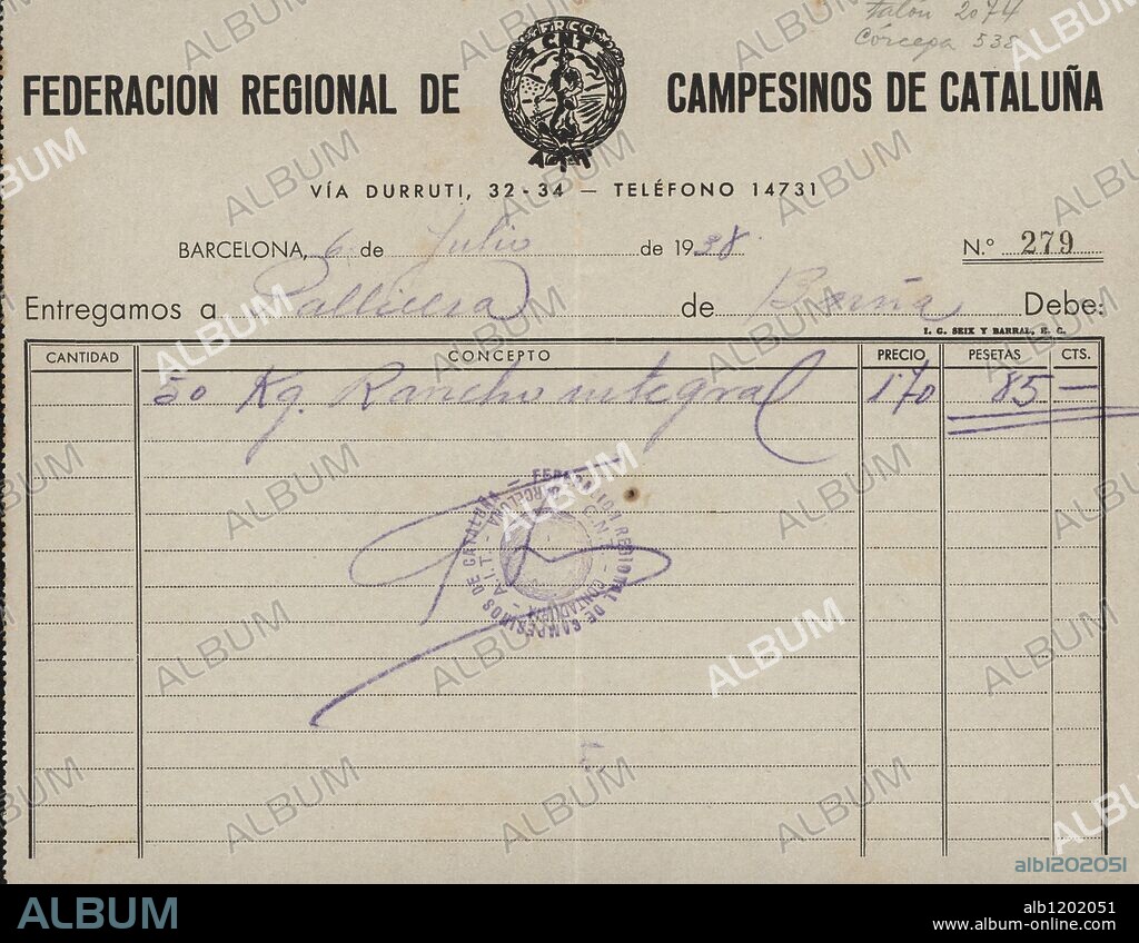 Albarán de la Federación Regional de Campesinos de Catalunya CNT-AIT, ubicada en la Via Durruti, de Barcelona (actualmente, Avenida Diagonal)., por la venta de 50 kilos de rancho integral. Año 1938.