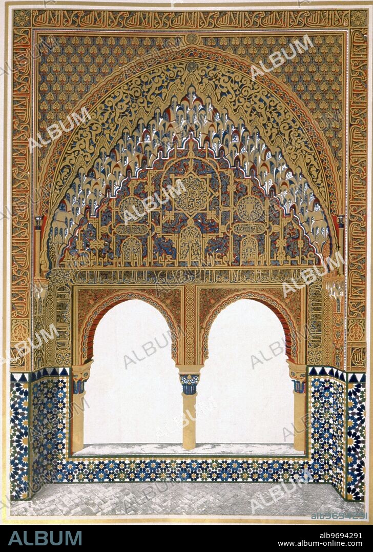 Lithograph by Owen Jones of The Alhambra -1842-5. Owen Jones (15 February 1809 - 19 April 1874) was a British architect and decorative artist. The son of Owen Jones, a Welsh furrier and antiquary, he was born in London. After an apprenticeship of six years in an architect's office, he travelled for four years in Italy, Greece, Turkey, Egypt, and Spain, making a special study of the Alhambra. The Alhambra (Red Castle) is an ancient palace and fortress complex of the Moorish monarchs of Granada, in southern Spain (known as Al-Andalus when the fortress was constructed), occupying a hilly terrace on the south-eastern border of the city of Granada. ©TopFoto.