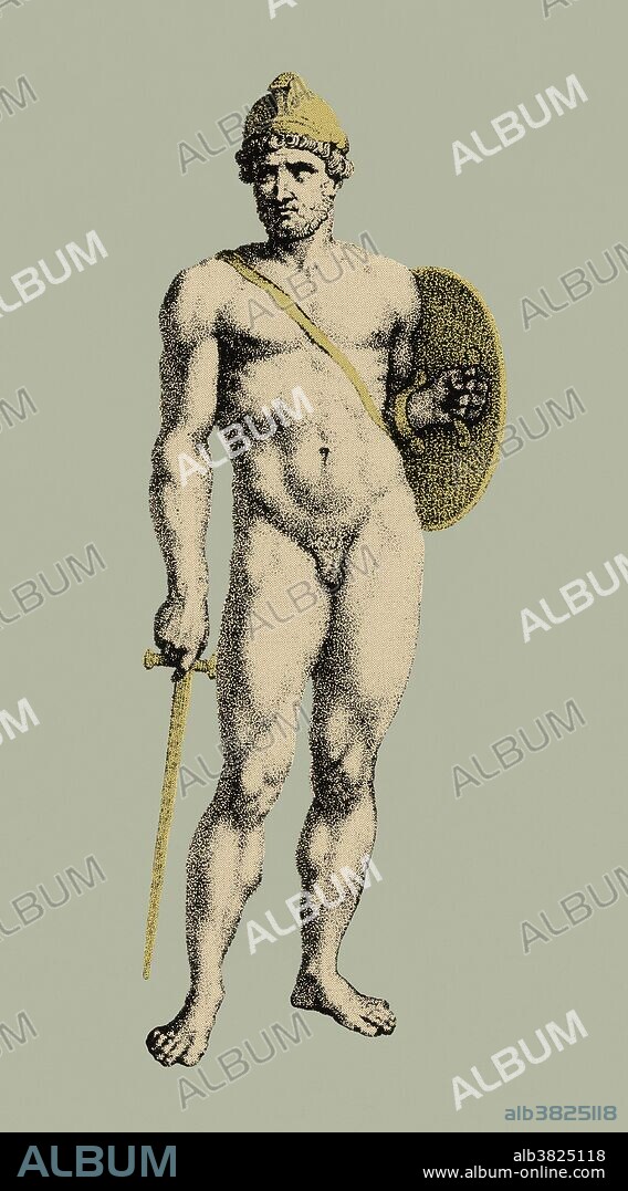 Ares, Greek god of war. Image derived from a statue of the Roman Emperor Hadrian as Mars, 2nd century AD. God of war, violence and bloodshed. Symbols include the boar, serpent, dog, vulture, spear and shield. Son of Zeus and Hera, all the other gods (except Aphrodite) despised him. His Roman counterpart is Mars.