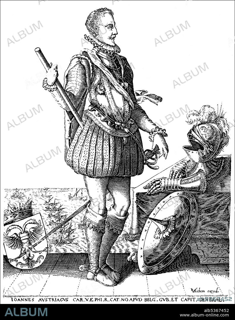 Historic drawing, portrait of Don Juan de Austria or knight John of Austria, 1547 - 1578, commander of the Spanish fleet and governor of the Habsburg Netherlands, 16th century.