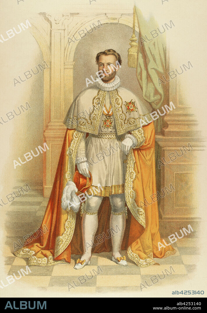Knight Commander of the Royal Order of Isabella the Catholic. The Order was created on 14 March 1815 by King Ferdinand VII in honor of Queen Isabella I with the name of "Royal and American Order of Isabella the Catholic". Chromolithography. "Historia de las Ordenes de Caballería y de las Condecoraciones Españolas" (History of the Orders of Chivalry and the Spanish Decorations). Madrid, 1865. Spain.