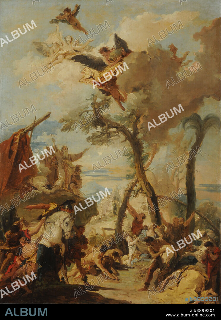 GIOVANNI BATTISTA TIEPOLO. Los hebreos recogiendo el maná en el desierto (boceto). Date/Period: Ca. 1740 - ca.1740. Painting. Oil on canvas. Height: 92 mm (3.62 in); Width: 67 mm (2.63 in).
