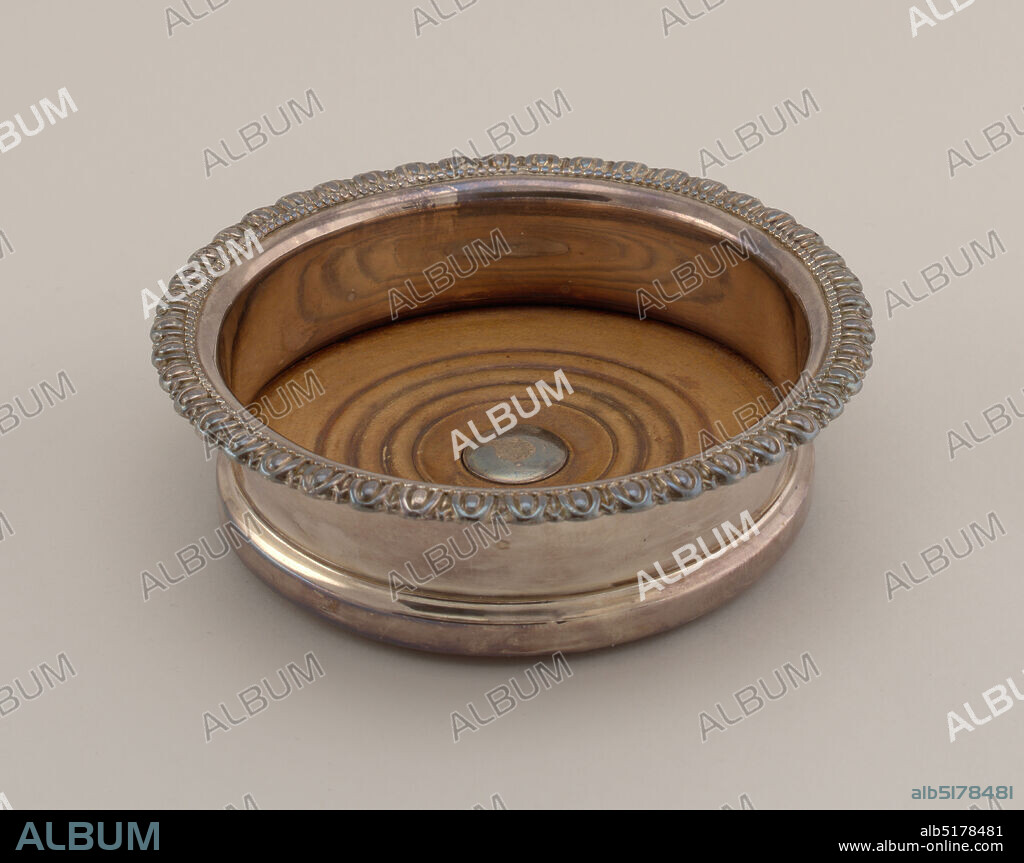 Wine coaster, Sheffield plate (silver, copper), wood, probably Sheffield, England, ca. 1810, metalwork, Decorative Arts, Wine coaster.