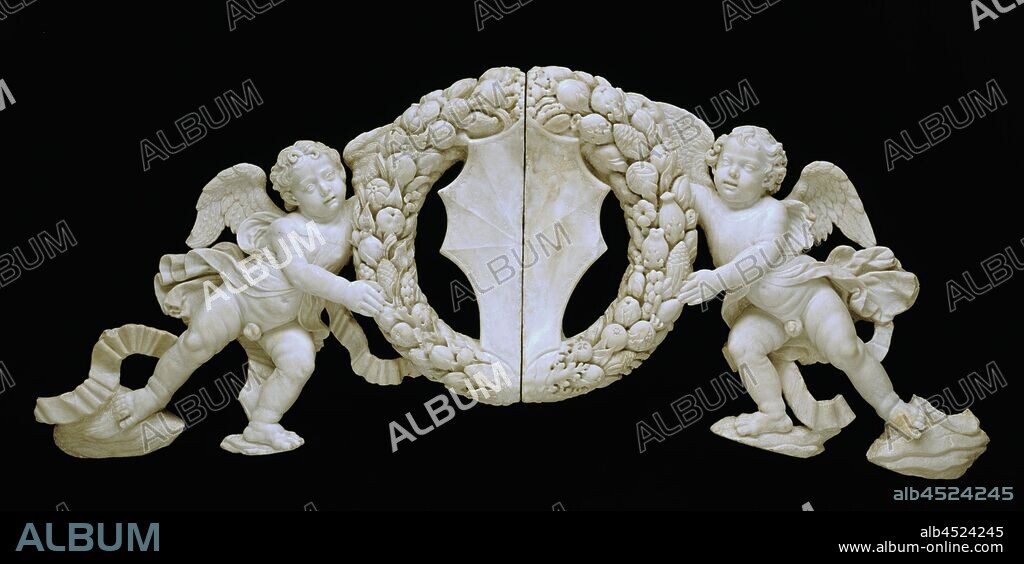 Francesco di Simone Ferrucci, Italian, 1437-1493, Two Angels Holding Coat of Arms of the Minerbetti Family, ca. between 1482 and 1485, marble, with traces of polychromy on reverse, Overall: 20 1/2 × 61 inches (52.1 × 154.9 cm).