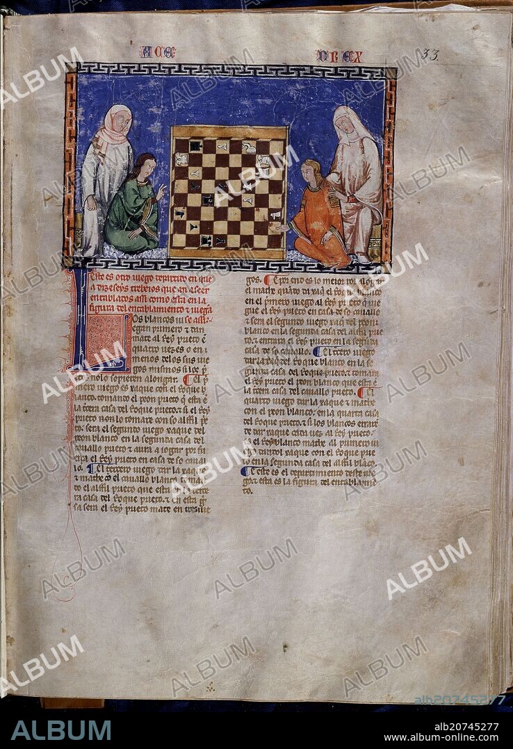 ALFONSO X EL SABIO (1221-1284). LIBRO DE JUEGOS O LIBRO DEL AJEDREZ DADOS Y TABLAS - 1283 - FOLIO 33R - DOS MONJAS CON DOS JOVENES JUGANDO AL AJEDREZ - MANUSCRITO GOTI.
