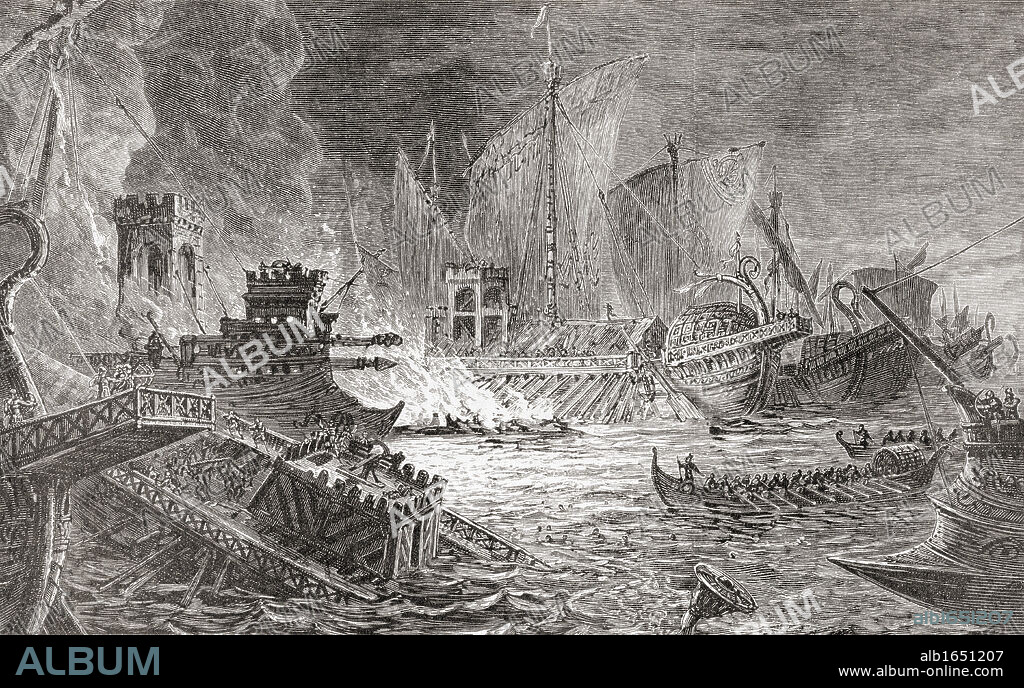 The Battle of Actium, at which Octavian defeated Antony and Cleopatra in 31 BC. From the book Harmsworth History of the World published 1908.