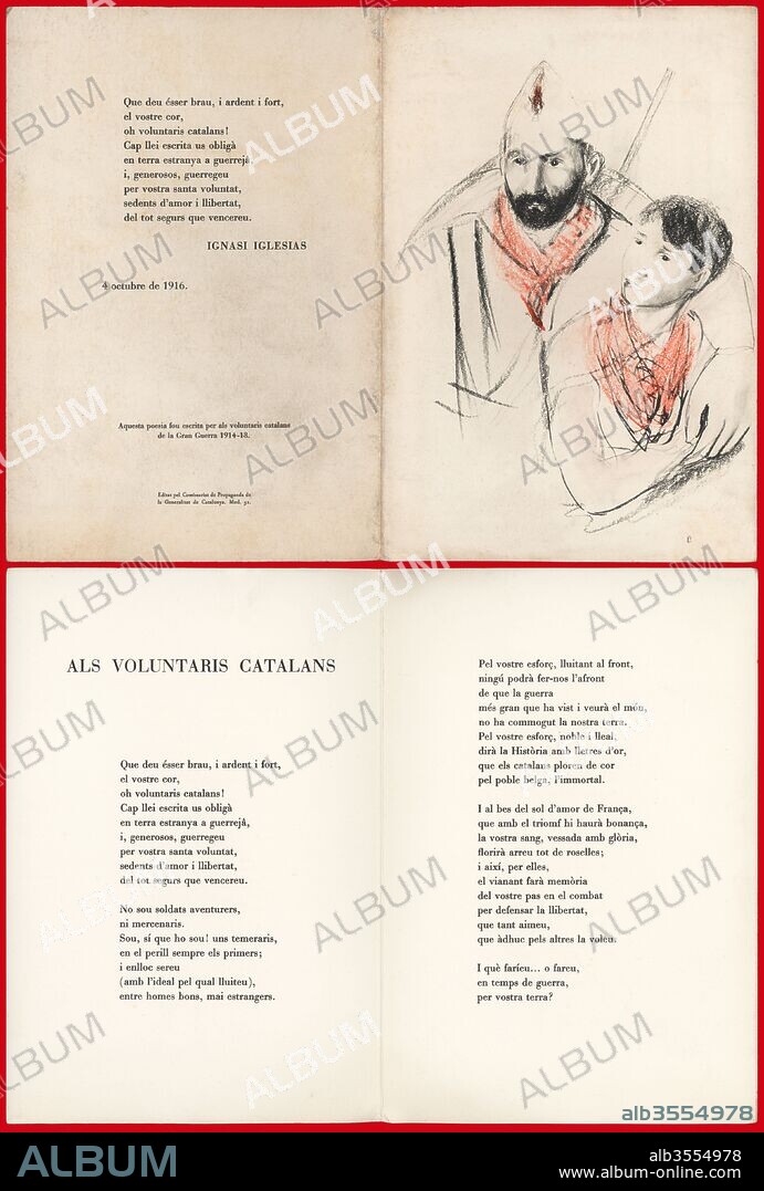 España. Catalunya. Primera guerra mundial. Folleto con la poesía de Ignacio Iglesias dedicada a los voluntarios catalanes de la Gran Guerra (1914-1918). Editada por el Comisariado de Propaganda de la Generalitat de Catalunya. Año 1937.