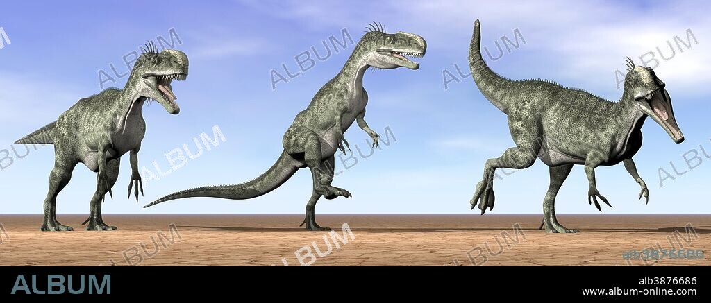 Three Monolophosaurus dinosaurs standing in the desert by daylight.