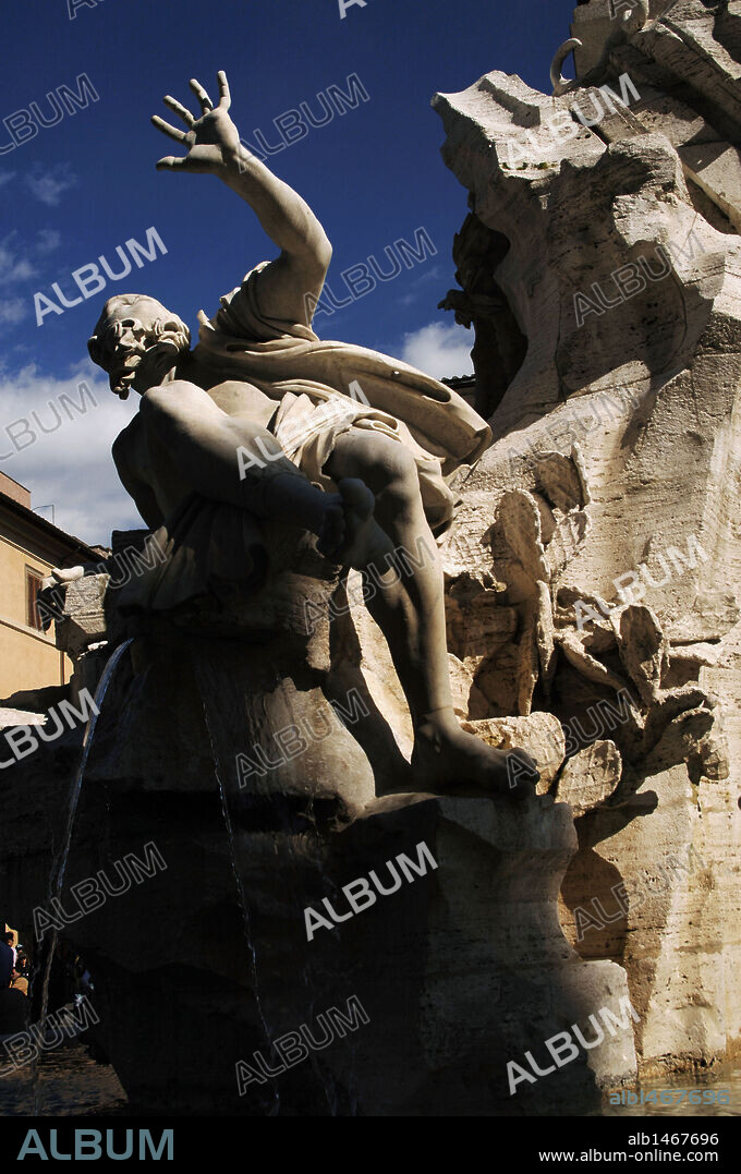 Italy. Rome. Fountain of Four Rivers, 1651, by Gian Lorenzo Bernini (1598-1680). The river-god Rio de la Plata (black slave). Navona Square.