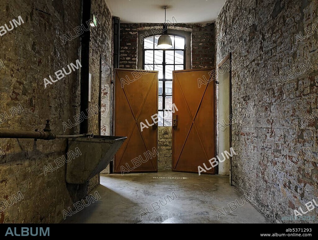 Corridor with steel doors, workshop building, Hendrichs swage forge, LVR Industrial Museum, Solingen, North Rhine-Westphalia, Germany, Europe.