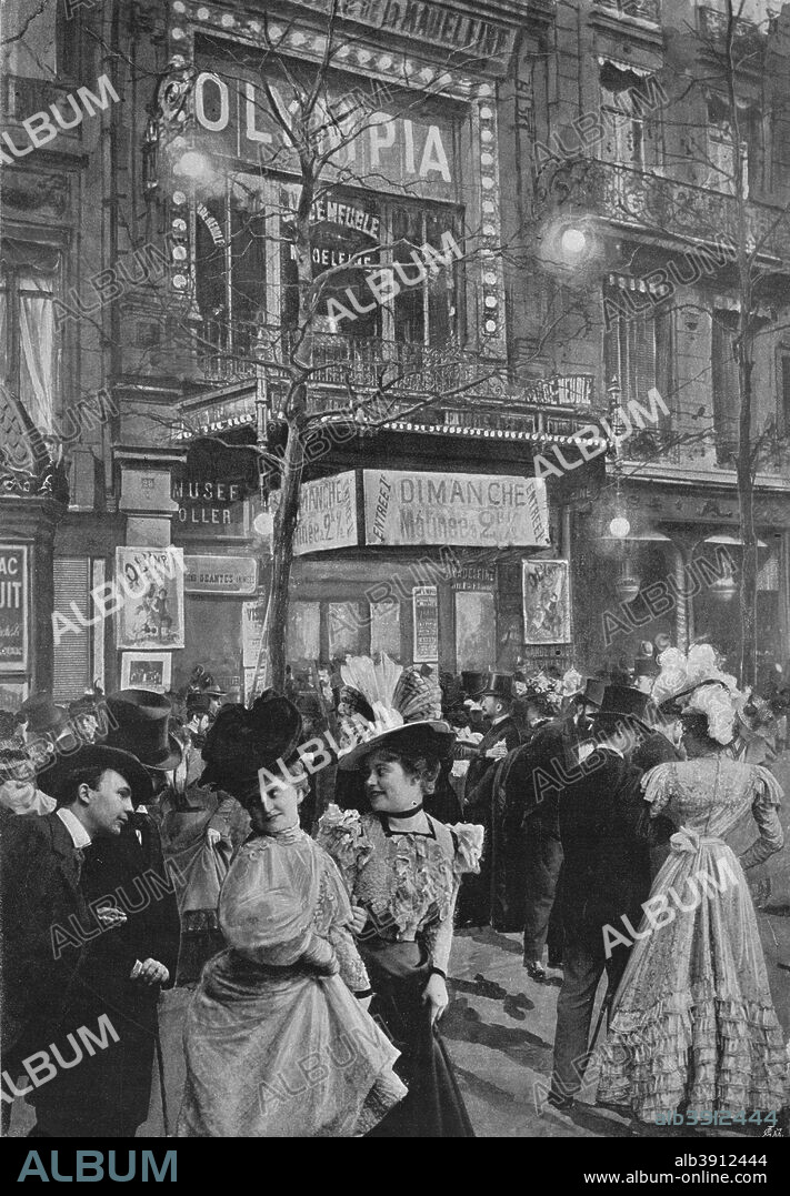 'Sur Le Boulevard - La Sortie De L'Olympia', 1900. Olympia (commonly known as L'Olympia, Olympia Hall or Paris Olympia) is a music hall located in the 9th arrondissement of Paris, France. From Le Panorama - Paris la Nuit No. 1, [Librairie D'Art - Ludovic Baschet editeur, Paris, 1900].