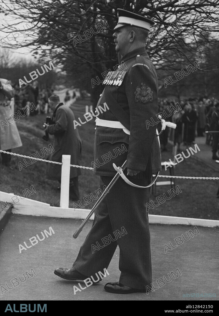 RSM  Brittain's Last Parade.The man with the loudest voice in the British  Army, Regimental Sergeant-Major Brittain, of the Coldstream Guards, marches from the parade ground at Aldershot today after taking his last parade.Tomorrow, Sergeant-Major Brittain (Pictured Here) - he is 55, 6ft. 3ins. tall and Wighs 20 st. - becomes a civilian. He is retiring from the Army after 37 year's service.He intends to have a long holiday before taking up a guard duty job at the Hatton Garden headquarters of the Diamond corporation. November 04, 1954. (Photo by Evening Standard Picture).