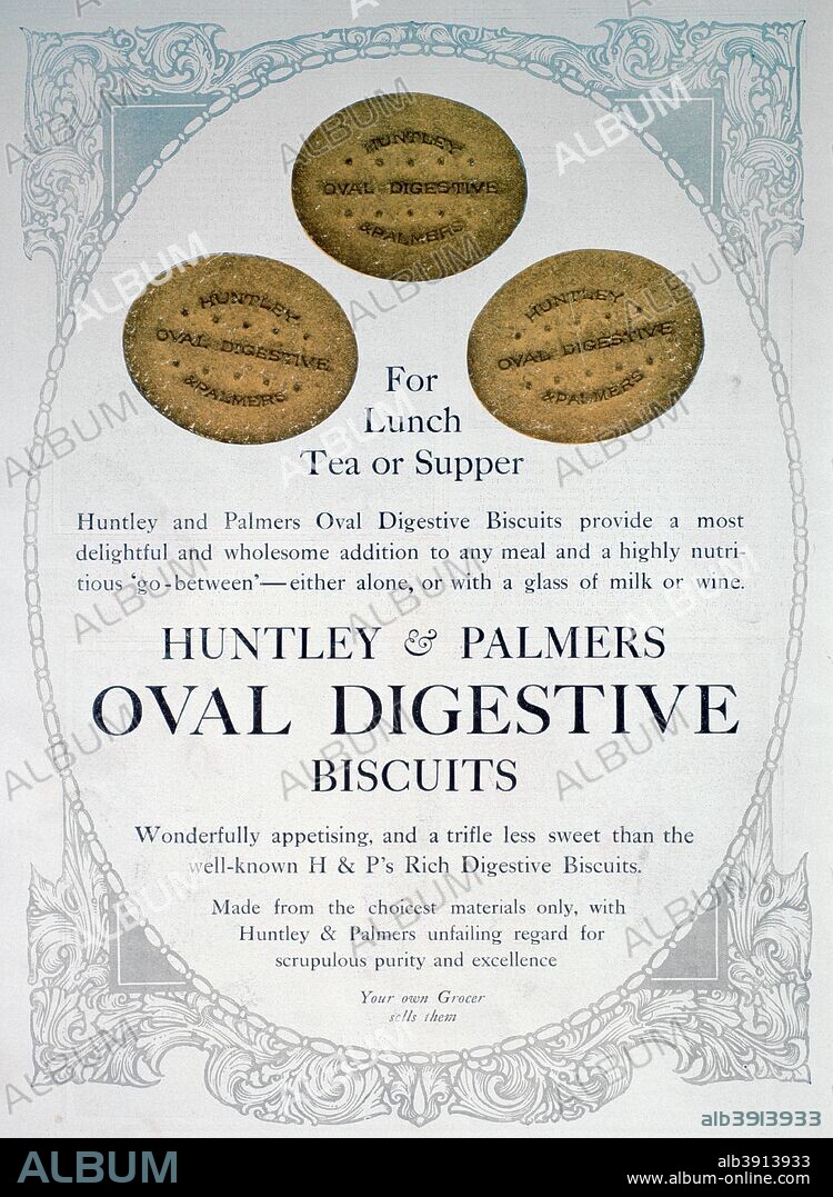 Advert for Huntley and Palmers Oval Digestive Biscuits, 1909. A print from The Illustrated London News, 26th June 1909.  Rights information: Cleared for Editorial Use Only. Please Contact Us For Any Other Clearance Rights.