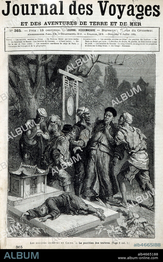'Les societes secretes en Chine. La punition des traitres', illustration par Horace CASTELLI (1825-1889) en couverture du Journal des Voyages de juillet 1884. Credit : Collection KHARBINE-TAPABOR.