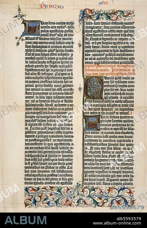 zu: Gutenberg, Johannes; Erfinder des Buchdrucks mit bewegl. Lettern; um 1397-1468. 42-zeilige lateinische Bibel ("Gutenbergbibel") in Missalschrift, 2-spaltig. vollendet gegen 1455 in Mainz. Beginn des Lukasevangeliums. Exemplar mit handgemalten Initialen und Verzierungen.