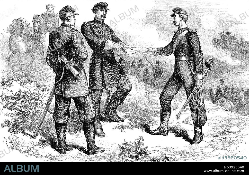 General McClellan at the battle of Antietam, American Civil War, 1862 (c1880). George Brinton McClellan (1826-1885) was commanding general of the Union army in the early part of the American Civil War. The Battle of Antietam, fought on 17 September 1862, was the first battle of the war to be fought on Union (northern) soil. It was the bloodiest single day battle in American history, with nearly 23,000 casualties. Frustrated by what he perceived as his excessive caution, President Lincoln relieved McClellan of command after Antietam. A print from Cassell's History of the United States, by Edmund Ollier, Volume III, Cassell Petter and Galpin, London, c1880.