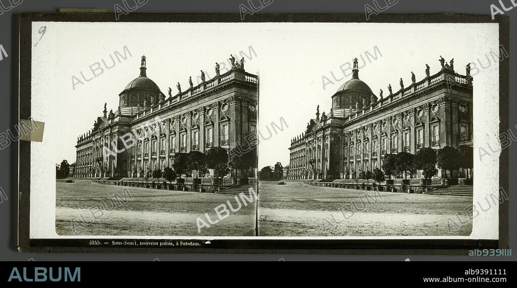 View of Sanssouci Castle in Potsdam, Germany, Sans-Souci, nouveau palais, à Potsdam (title on object), anonymous, Potsdam, 1860 - 1890, glass, slide, height 84 mm × width 170 mm.