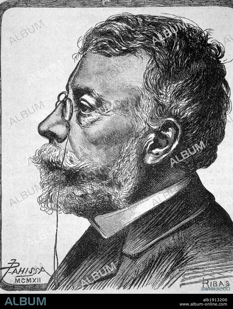 Àngel Guimerà i Jorge (1845-1924), escritor, poeta y dramaturgo español. Grabado de Pahissa, año 1912.