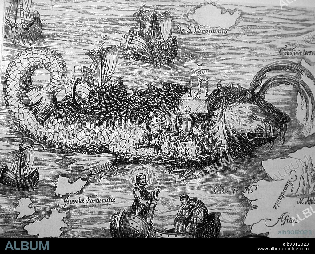 St Brendan and the whale from a 16th century engraving Saint Brendan of Clonfert or Bréanainn of Clonfert (c. 484 c. 577) Situated somewhere west of Europe, St. Brendans Isle is a phantom island often regarded as myth, since, unless it is the so-called 'Eighth Canary Island' known since time immemorial to the Spanish and Portuguese authorities as San Borondón, only a few have claimed to have seen it. In the Irish tradition, the island is named after the Saint Brendan who founded the Clonfert monastery and monastic school. It was apparently discovered by the saint and his followers while they were traveling across the ocean, evangelizing to islands. It appeared on numerous maps in Christopher Columbus time, apparently acting as one of the things spurring him on to explore the ocean westwards. It also sparked some controversy, because the claim is that St. Brendan and his brethren arrived at the Americas first, around the 6th century (530 AD). The first mention of the island was in the ninth century Latin text Navigatio Santi Brendani Abatis (Voyage of Saint Brendan the Abbot), placing the island into Irish and European folklore.