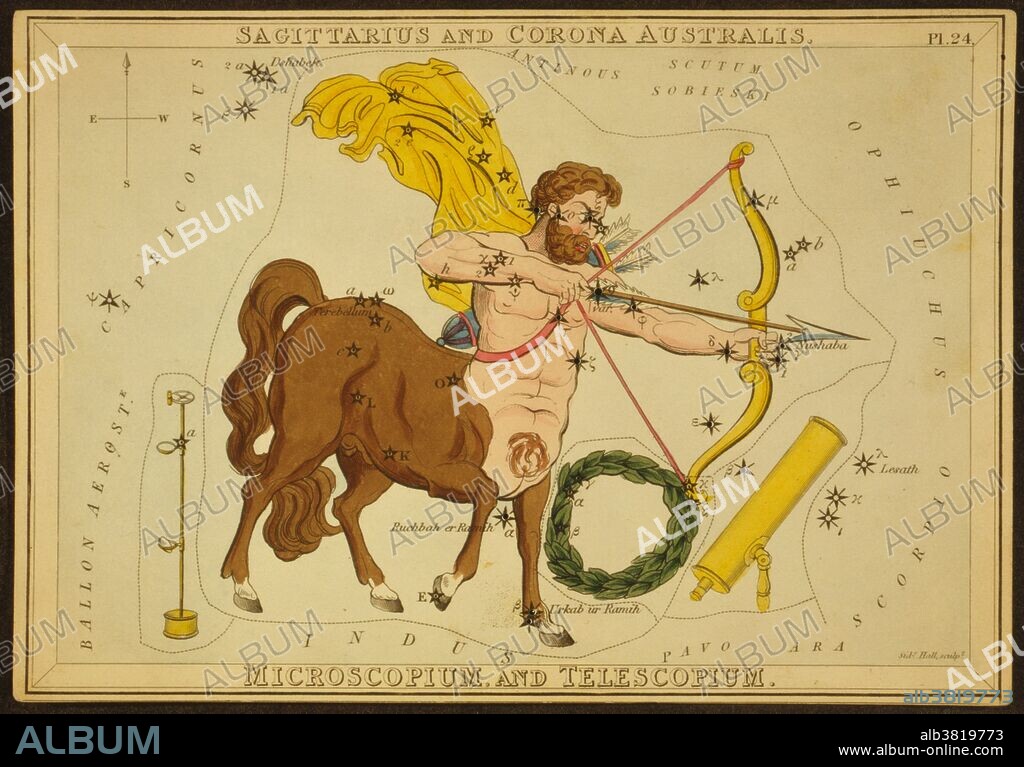 Astronomical chart showing the centaur Sagittarius with bow and arrow, also shows a laurel wreath, a telescope, and a microscope forming the constellations. Sagittarius is a constellation of the zodiac, the one containing the galactic center. Its name is Latin for the archer. Sagittarius is commonly represented as a centaur drawing a bow. Sagittarius is the ninth astrological sign, which is associated with the constellation Sagittarius. Corona Australis is a constellation in the Southern Hemisphere. Its Latin name means southern crown. Sagittarius and Corona Australis are two of the 48 constellations described by the 2nd century astronomer Ptolemy, and they remain two of the 88 modern constellations defined by the International Astronomical Union. Microscopium is a small constellation in the southern sky. Its name is Latin for microscope. Telescopium is a minor southern constellation. Its name is a Latinized form of the Greek word for telescope. Both were created in the 18th century by Nicolas Louis de Lacaille, a French astronomer and student of the southern skies.