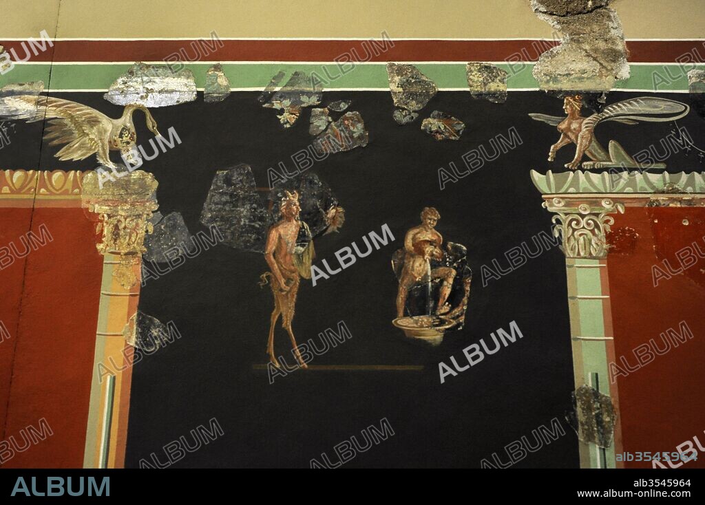 Pintura mural con la representación de una escena báquica, decoración típica de las provincias noroccidentales del Imperio Romano. Perteneciente a una lujosa Villa romana excavada al sur de la Catedral (Colonia, Alemania). Museo Romano-Germánico. Colonia. Alemania.