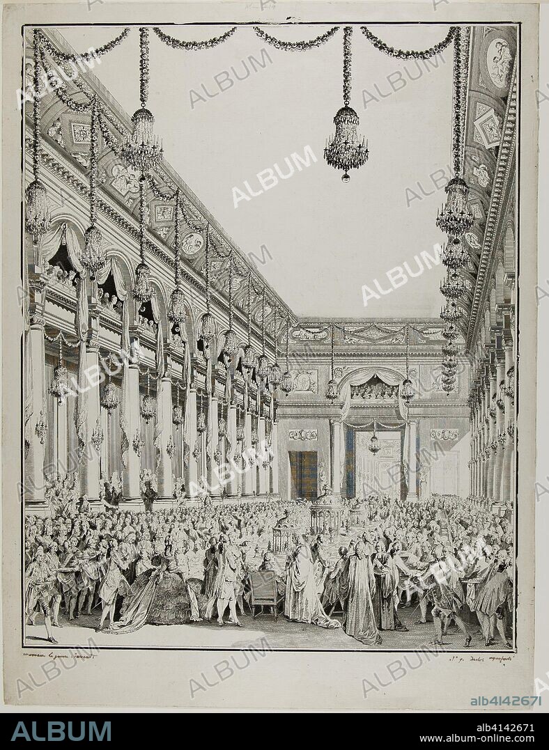 THE YOUNGER JEAN MICHEL MOREAU. Royal Feast. Jean Michel Moreau (French, 1741-1814); partially etched and finished by Antoine Jean Duclos (French, 1742-1795). Date: 1782. Dimensions: 465 × 367 mm (image); 524 × 396 mm (sheet). Etching and engraving on ivory laid paper. Origin: France.