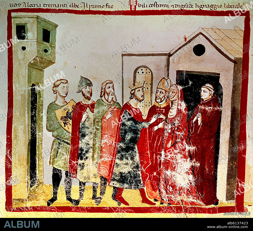GIOVANNI VILLANI (1280-1348). Gregory VII (Gregorio VII), pope from 1073 to 1085. Library of the Vatican. Chronicle . Audience in Canossa in 1077 - Henry IV of Germany asking for Pope Gregory VII and Matilda's forgiveness.