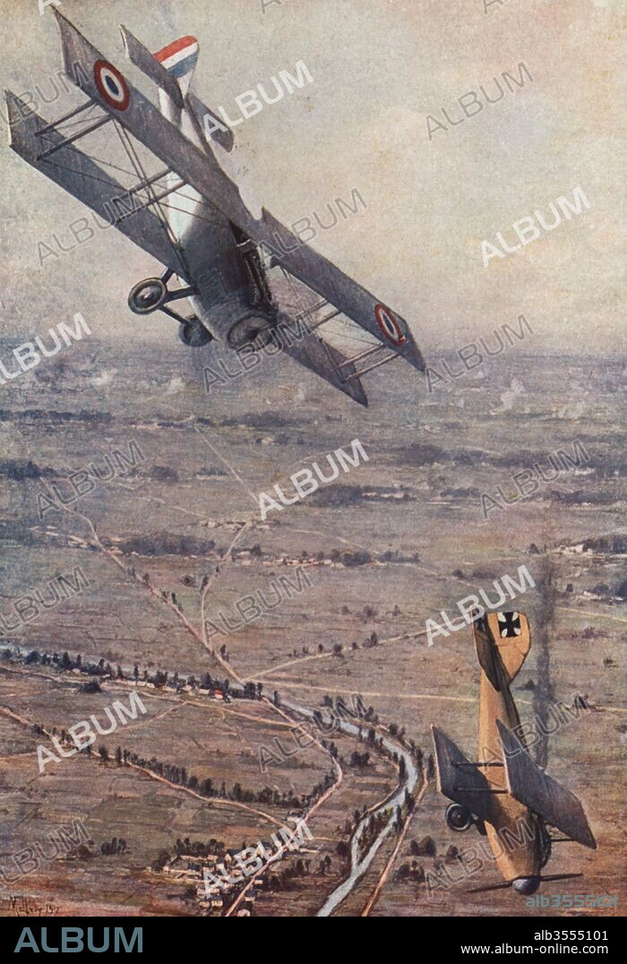 Primera guerra mundial (1914-1918). Francia. Combate aéreo; Albatros alemán derribado por un Spad francés.Grabado de 1916.