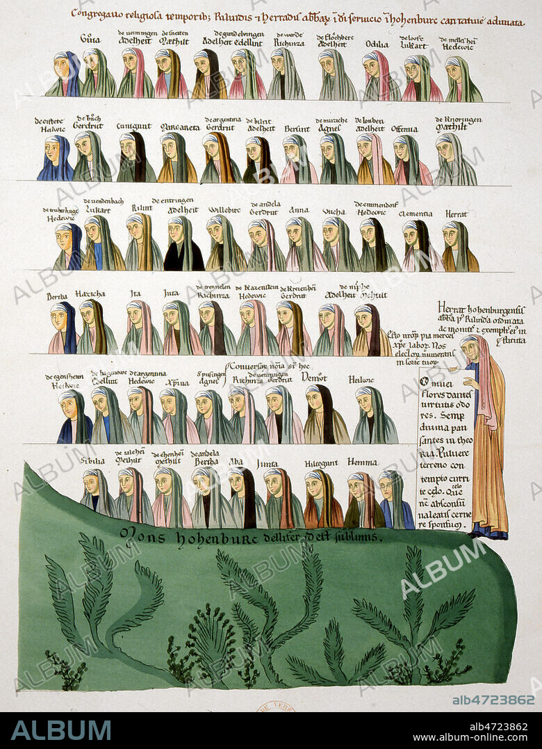 Herrade de Landsberg et les nonnes de son couvent. Le couvent est presente sous le titre Congrégation religieuse unie dans la charité pour le service de Dieu, au Monastere de Hohenbourg, a l'epoque des abbesses Relinde et Herrade. Le nombre de moniales était de quarante-sept plus treize novices. Presque toutes sont indiquées avec leur nom et aussi leur provenance familiale ou locale.. Planche du Fac-simile de 1877 de l'ouvrage de HERRADE DE LANDSBERG (abbesse et ecrivain, 1125-1193) 'Hortus Deliciarum' (Jardin des delices), sorte d'Encyclopedie chretienne, premiere encyclopedie ecrite par une femme, un des plus beaux manuscrits alsacien du XIIeme siecle (manuscrit disparu dans l'incendie de la bibliotheque de Strasbourg en 1870). conserve a la bibliotheque municipale de Versailles. Credit : Collection JEAN VIGNE / KHARBINE-TAPABOR.