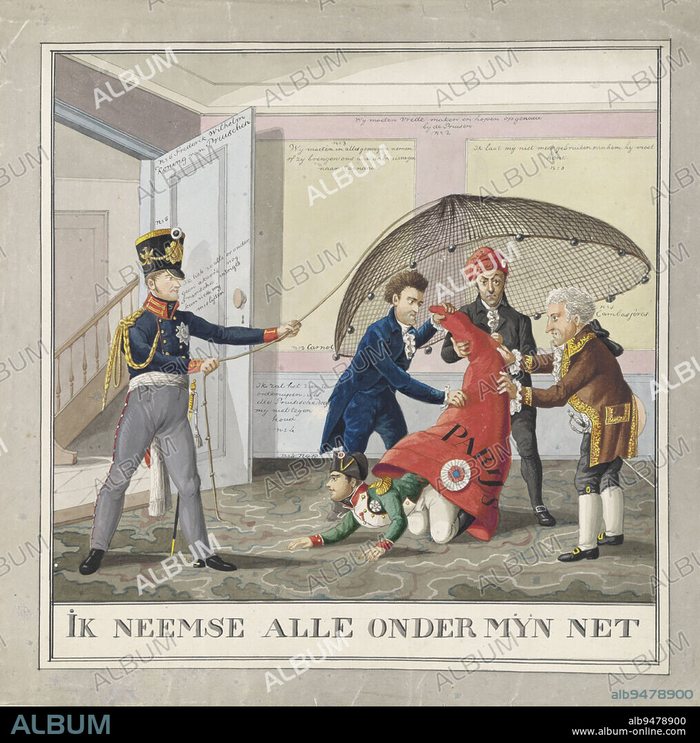 Napoleon in the Jacobin Hat, 1815, Wijnand Esser, 1815, Napoleon tries in vain to hide in a large Jacobin hat, signed 'Paris', after his return to Paris in June 1815. However, he is shaken out of the hat by Carnot, Fouché and Cambacérès. On the left, the King of Prussia who catches the whole bunch with a large trap net. The persons numbered 1-5., draughtsman: Wijnand Esser, Netherlands, 1815, paper, pen, brush, h 376 mm × w 375 mm.
